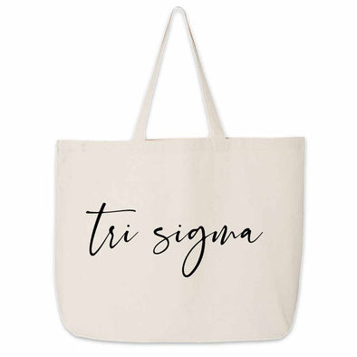 Tri Sigma roomy canvas tote bag custom printed with sorority nickname makes a great college carry all.