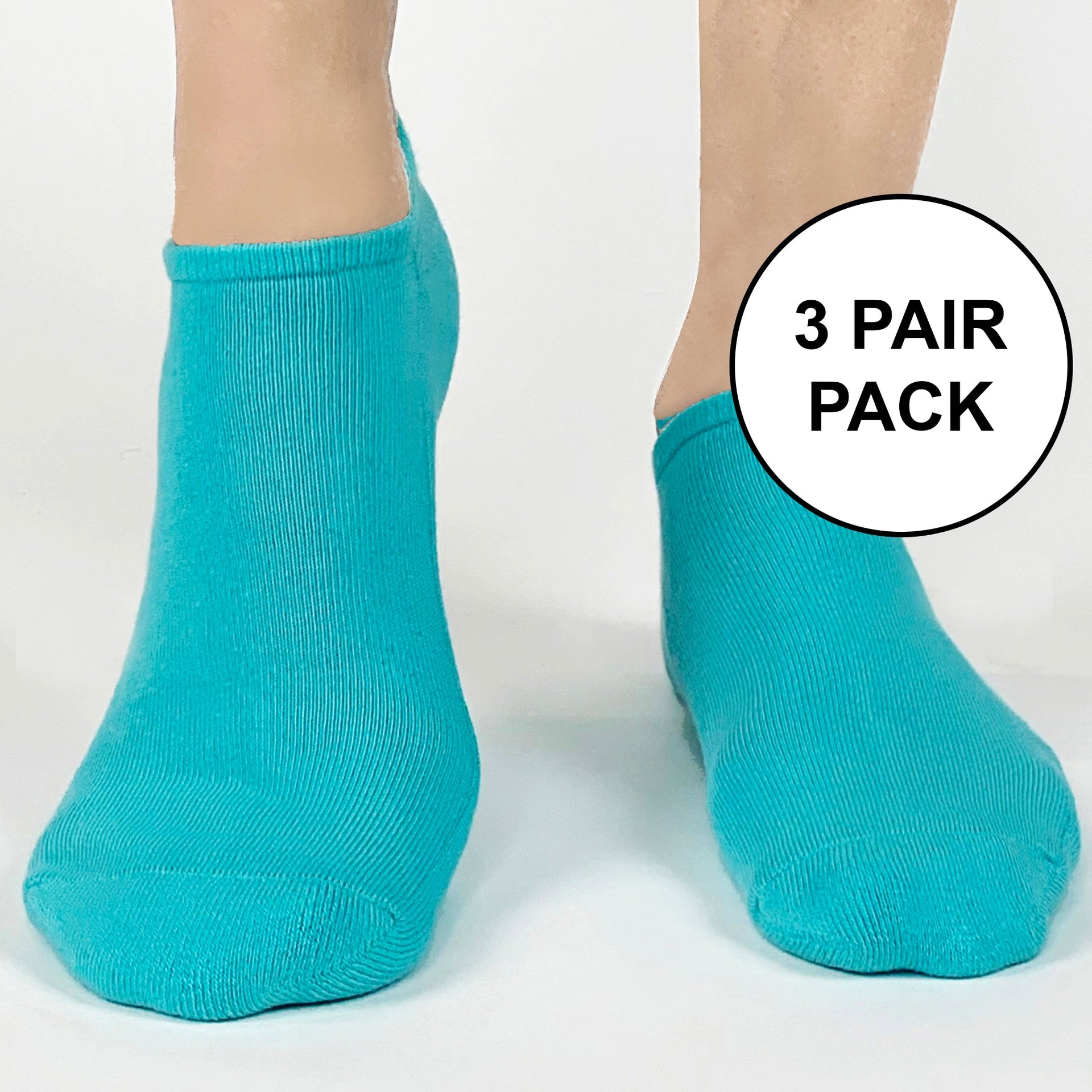 Super soft turquoise cotton blend no show socks available in three sizes sold as a three pair pack in same size and color.