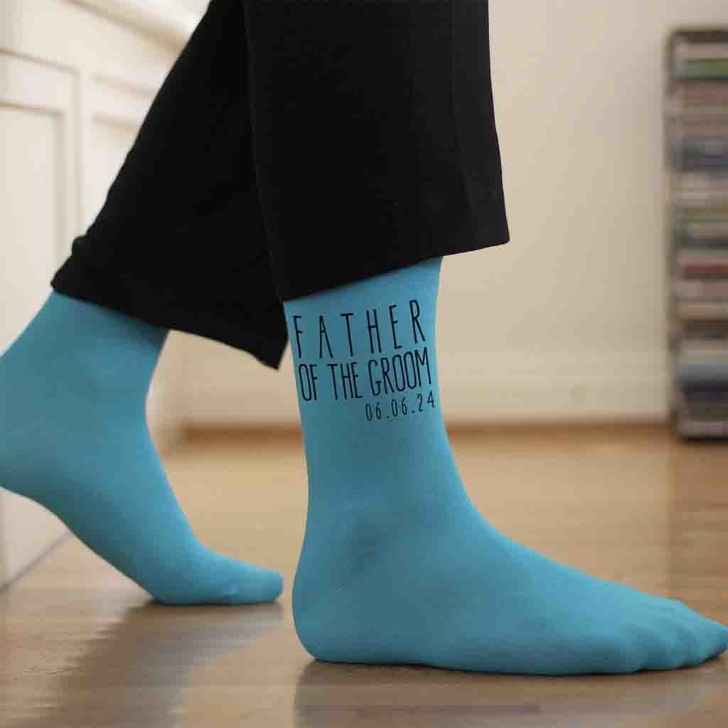 Father of the groom custom printed wedding flat knit dress socks with your wedding date.