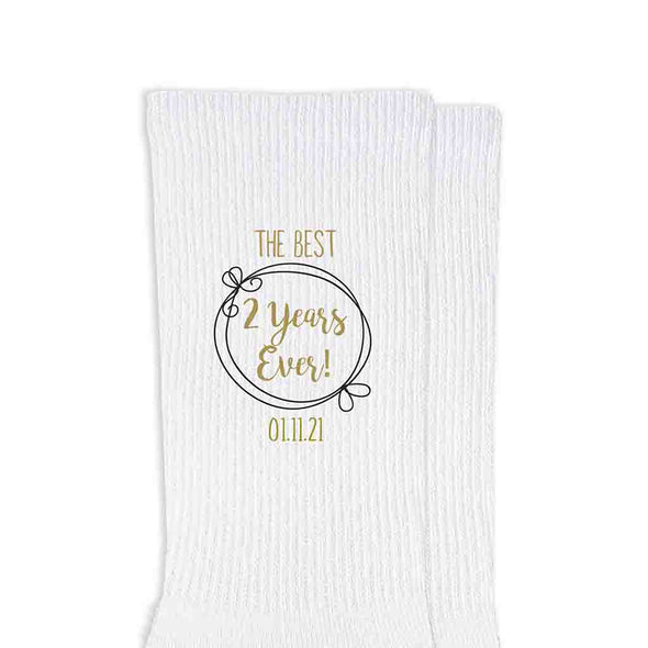 The best two years ever design with your wedding date digitally printed on white cotton crew socks.