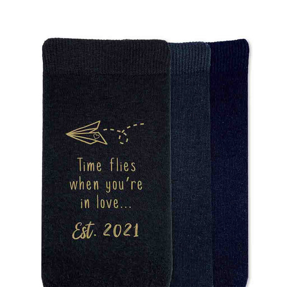 Time flies when you're in love digitally printed and personalized with your established wedding year on cotton socks.