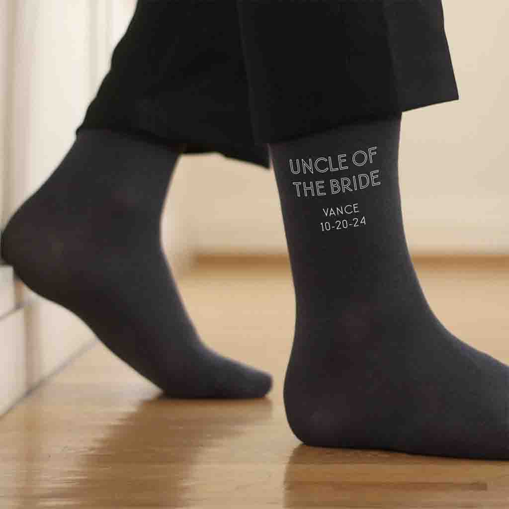 The perfect custom wedding socks for a classic and modern wedding look digitally printed with a minimalist style design and personalized with your wedding date, name and role.