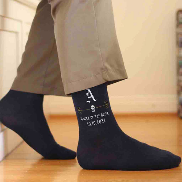 Custom printed gothic design on flat knit or ribbed crew socks makes a special keepsake gift for your entire wedding party.