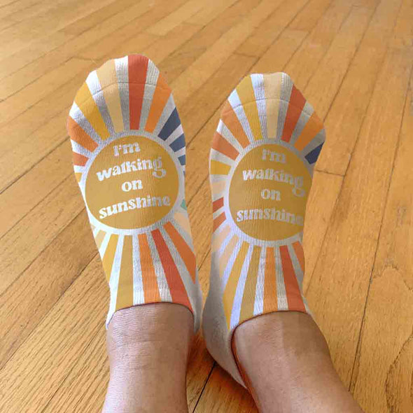 Self affirmation socks I'm walking on Sunshine digitally printed on no show socks.