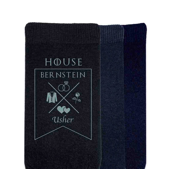 Custom printed game of thrones inspired design with  Family House wedding theme, these personalized socks are the perfect fit for the wedding party. 
