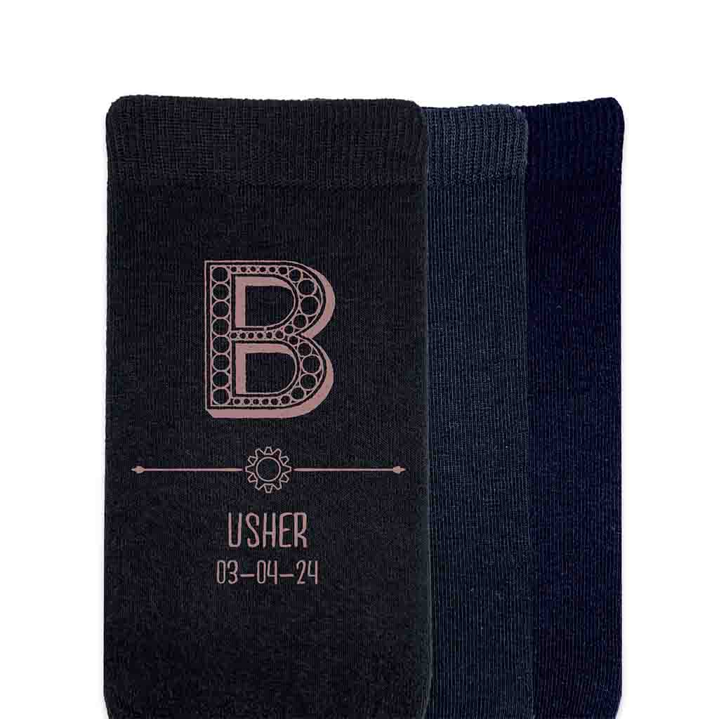 Custom steampunk style design gear letters with a Victorian style theme digitally printed on socks is the perfect accessory for your wedding party.