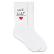 Custom men's valentine socks digitally printed with ink on cotton crew socks.