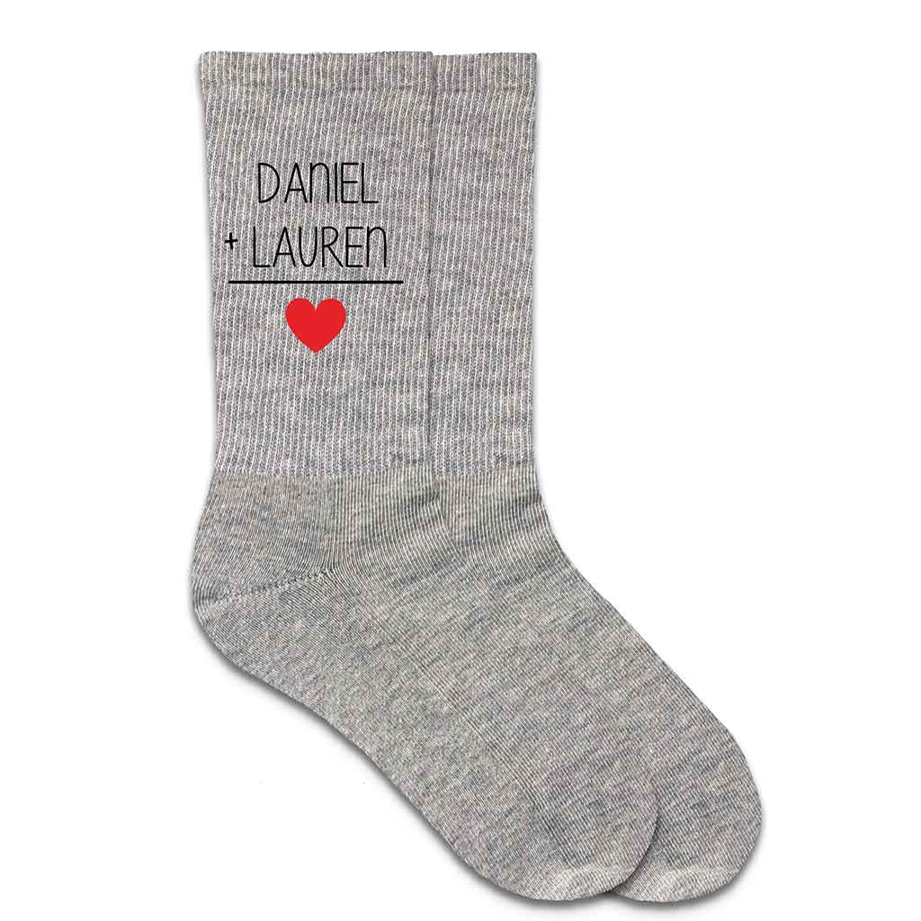 Custom printed men's valentine socks digitally printed on heather gray cotton crew socks.