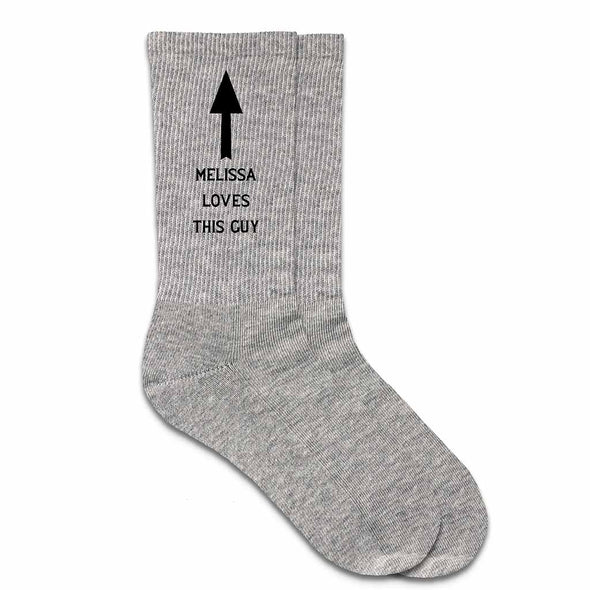 Custom printed design with arrow personalized with your name and cute love saying for valentines day printed on heather gray crew socks.