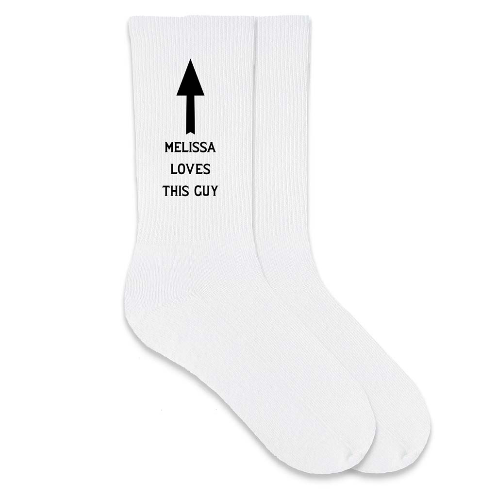 Custom printed loves this guy personalized with your name and arrow design digitally printed on the sides of white cotton crew socks.