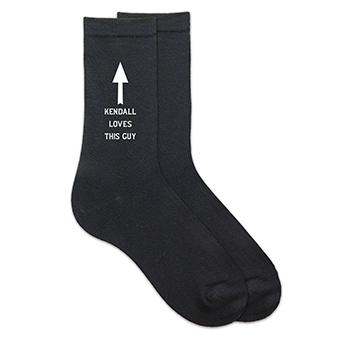 Custom printed arrow design personalized with your name and loves this guy custom printed on the sides of cotton crew socks.