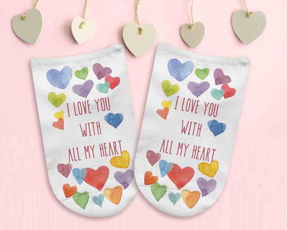 Custom printed I love you with all my heart design on the top of the white cotton no show socks.