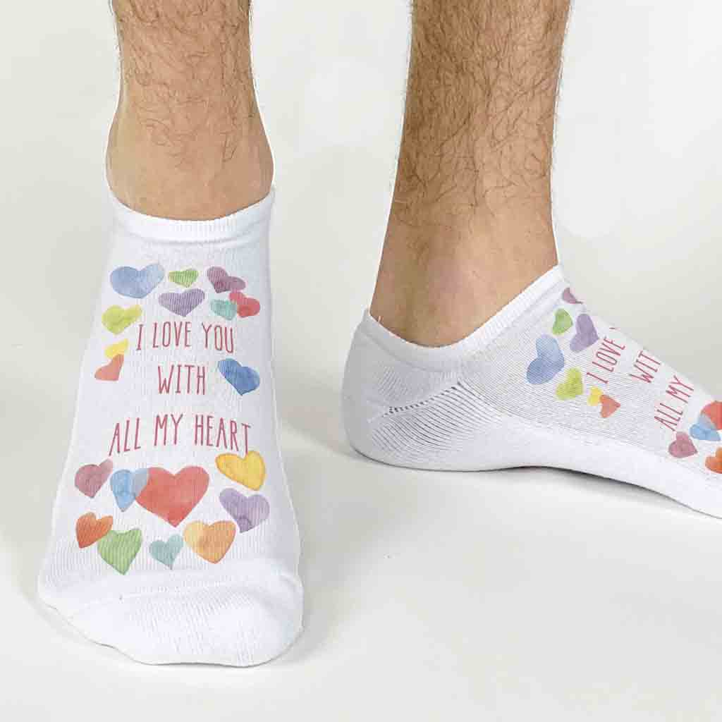 I love you with all my heart custom printed on the top of the no show socks.