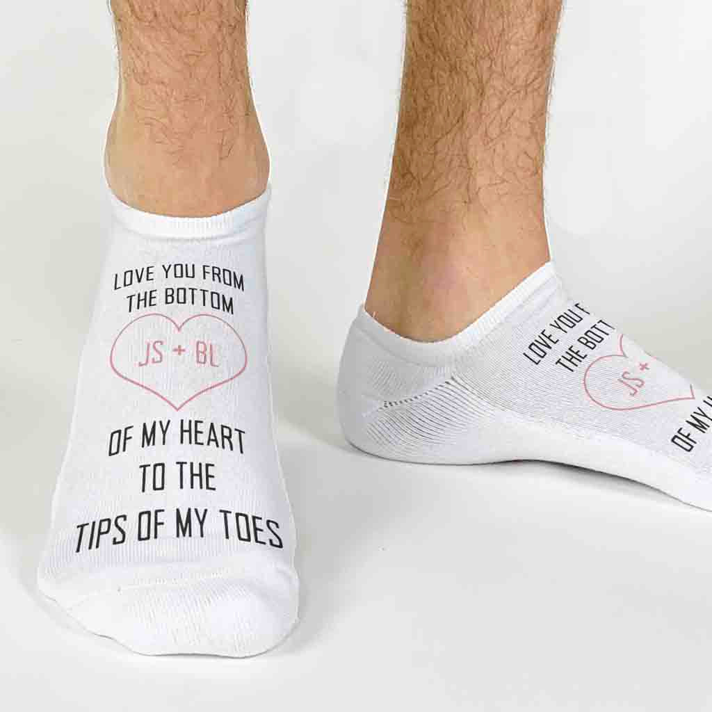 Personalized valentines day socks digitally printed with I love you to the tips of my toes and your initials on no show socks.