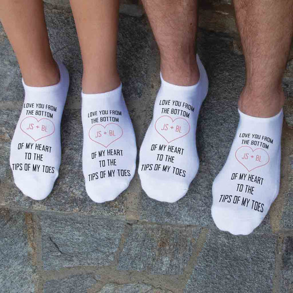 Personalized his and hers I love you to the tips of my toes custom printed on no show socks.