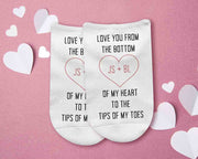 Custom printed valentines design personalized with your initials on white cotton no show socks.