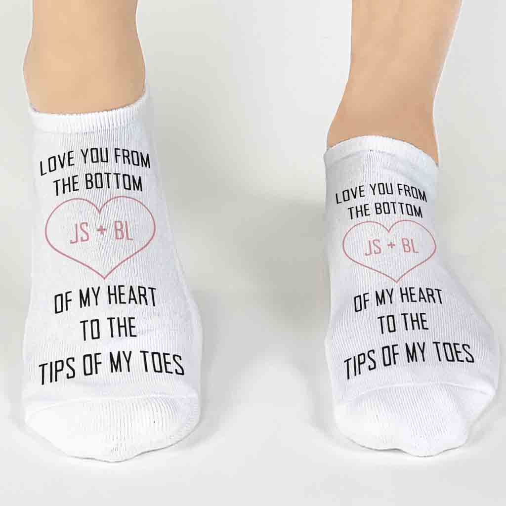 Cute valentines day socks digitally printed with I love you from the bottom of my heart to the tips of my toes on no show socks.
