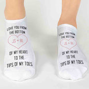 Cute valentines day socks digitally printed with I love you from the bottom of my heart to the tips of my toes on no show socks.