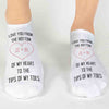Cute valentines day socks digitally printed with I love you from the bottom of my heart to the tips of my toes on no show socks.