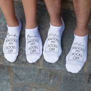 Personalized with your name and knock my socks off printed on the top of the no show socks.