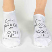 Cute valentines day socks personalized with your name and knocks my socks off on the top of the no show socks.