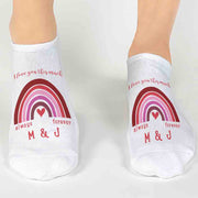 Pink rainbow design personalized with your initials and I love you always and forever on no show socks.