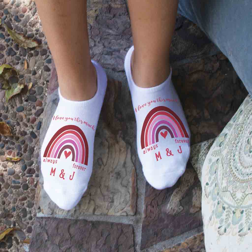 Cute I love you this much pink rainbow design with initials custom printed on white no show socks.