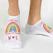 Custom printed rainbow design personalized with initials and I love you always and forever printed on the top of the no show socks.