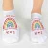 Rainbow I love you always and forever design digitally printed on the top of the white cotton no show socks.