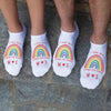 Personalized I love you with LGBTQ rainbow design custom printed on the top of white cotton no show socks.