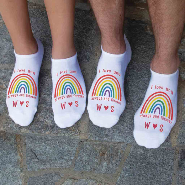 Personalized I love you with LGBTQ rainbow design custom printed on the top of white cotton no show socks.