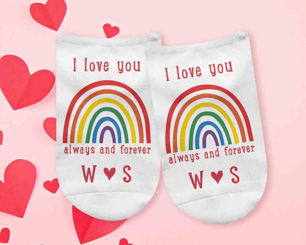 Valentines day custom printed white cotton no show socks digitally printed with rainbow design and personalized with your inititals.