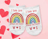 Valentines day custom printed white cotton no show socks digitally printed with rainbow design and personalized with your inititals.