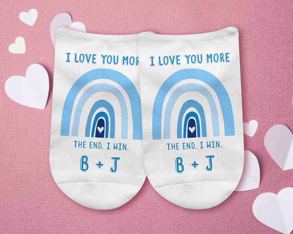 Cute I love you more custom printed design with your initials printed on the top of the socks.