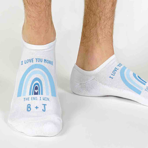 I love you more personalized with your initials custom printed on the top of the foot of white cotton no show socks.