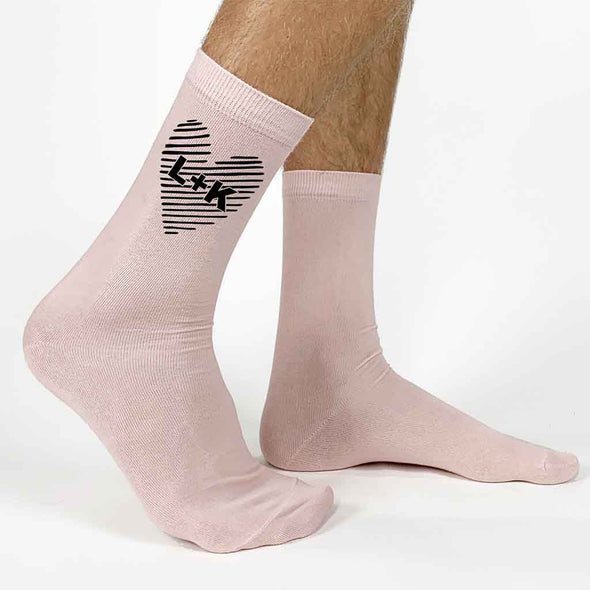 Fun cotton dress socks digitally printed with couple's initials inside a heart