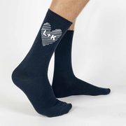 Custom printed dress socks with couple's initials printed inside a heart