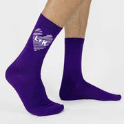 Custom cotton dress socks digitally printed with couple's initials inside a heart make a perfect gift for the wedding party