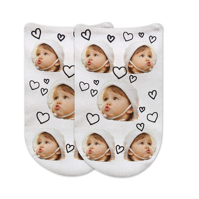 Personalized with your photo custom printed all over with hearts design on the top of the no show socks.