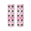Custom photo face socks with hearts printed all over with a back ground design full printed on the socks.