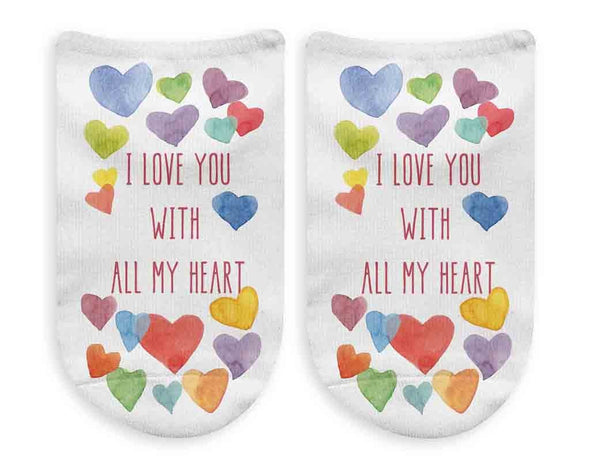 I love you with all my heart and rainbow hearts all over custom printed on white cotton no show socks.