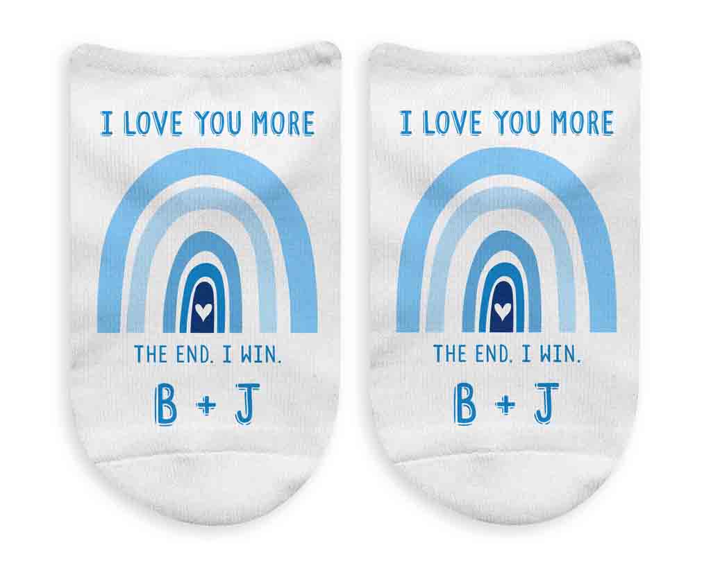 I love you more the end I win personalized with your initials in a blue hue rainbow design custom printed on no show socks.