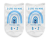 I love you more the end I win personalized with your initials in a blue hue rainbow design custom printed on no show socks.