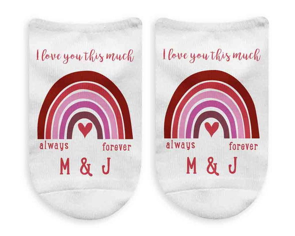 Always and forever with your initials and rainbow design custom printed on white cotton no show socks.