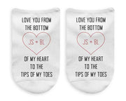 Personalized love you to the tips of my toes printed on no show socks.