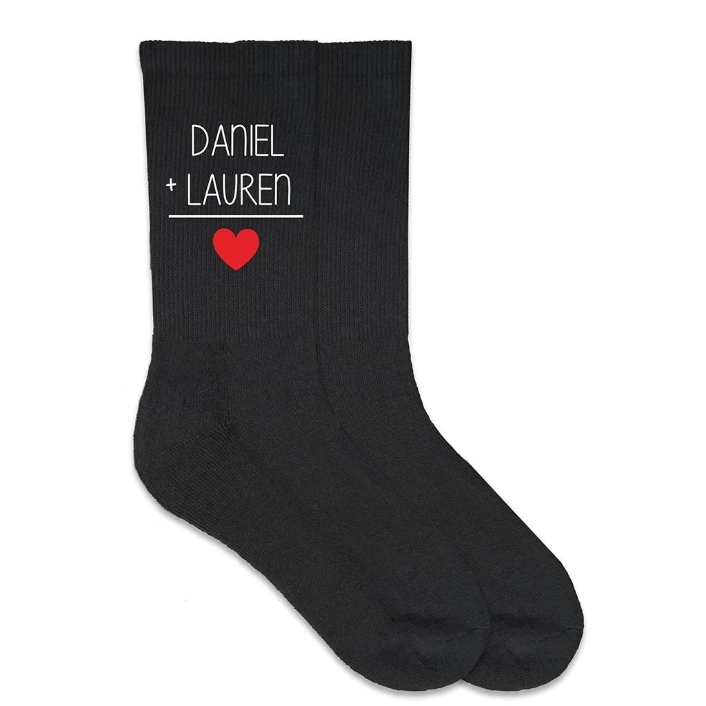 Valentines day socks custom printed with the two names in match equation that equal love.