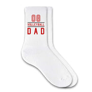 Volleyball Dad personalized with player number custom printed on crew socks.