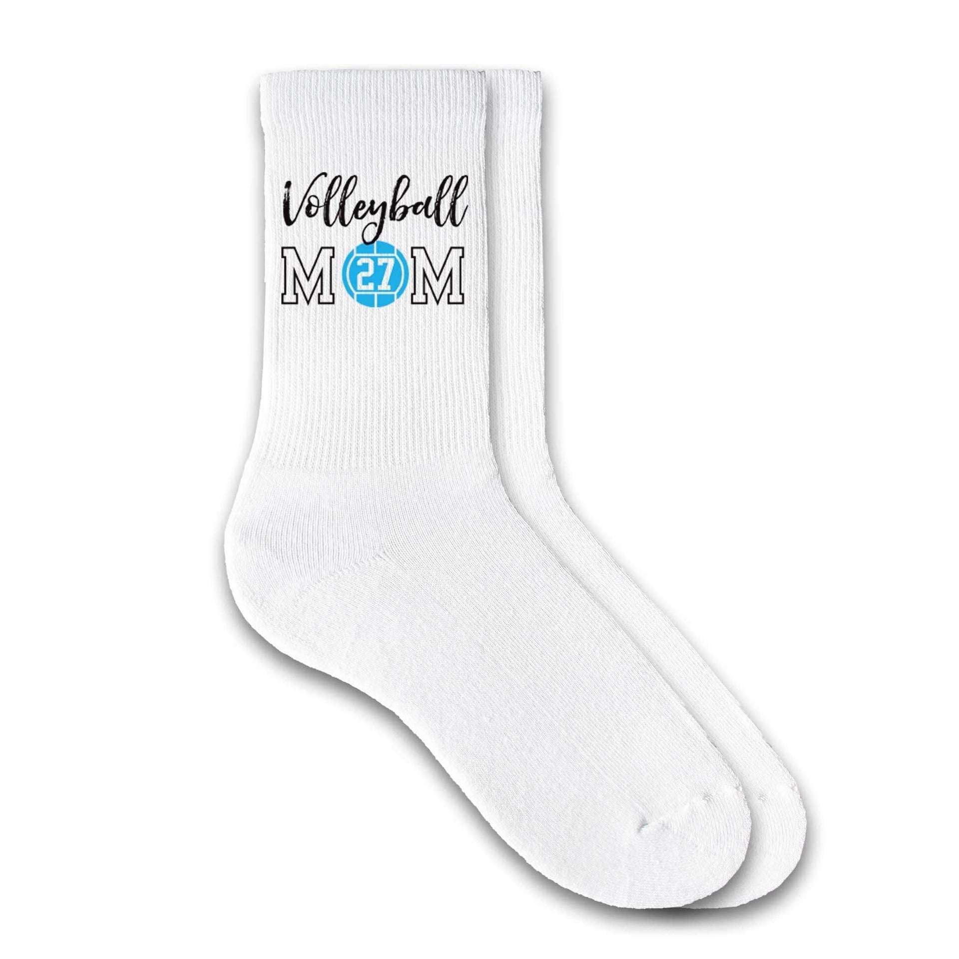 Volleyball Mom design custom printed on white cotton crew socks.