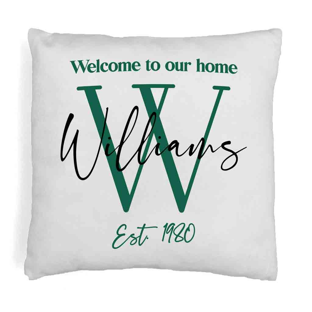 Welcome to our home design custom printed on throw pillow cover with your initial, name and year established.