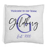 Welcome to our home design custom printed on throw pillow cover with your initial, name and year established.